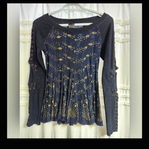 Free People Navy Blue Long Sleeve Studded Peplum Top with Gold Accents